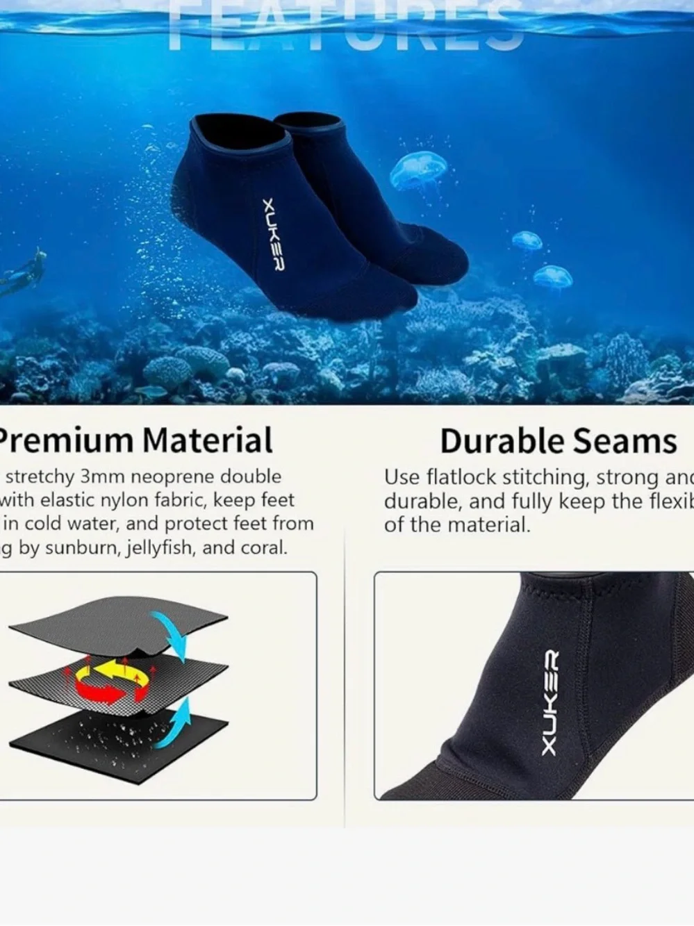 Xuker Neoprene Unisex Water Sand Socks 3mm, Black, Large M9/10, W10/11
